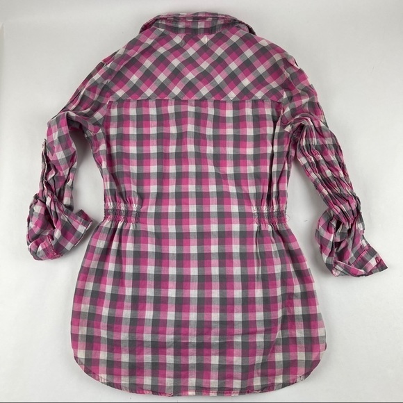 OP. Button Up Shirt Womens Medium Pink Plaid Roll Tab Sleeve Pleated - Picture 7 of 9